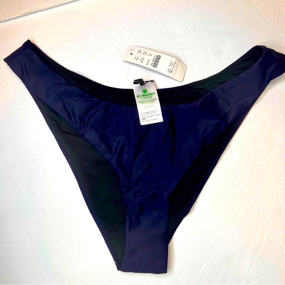 NWT J.Crew Navy Blue Reversible Black Bikini Bottom Cheeky Cut Curved Waist  M